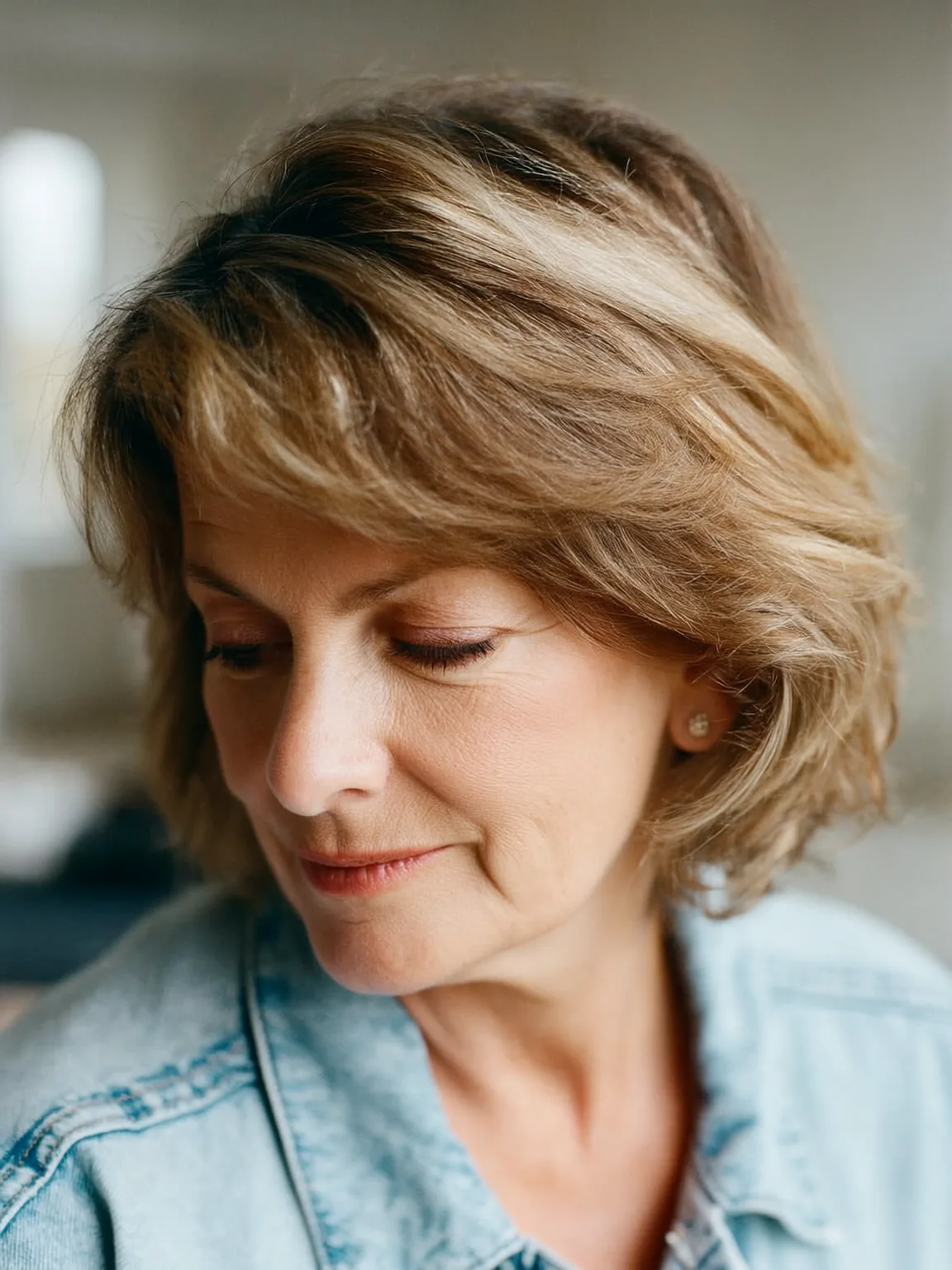 Chin-Length Layered Bob with Warm Caramel Lowlights